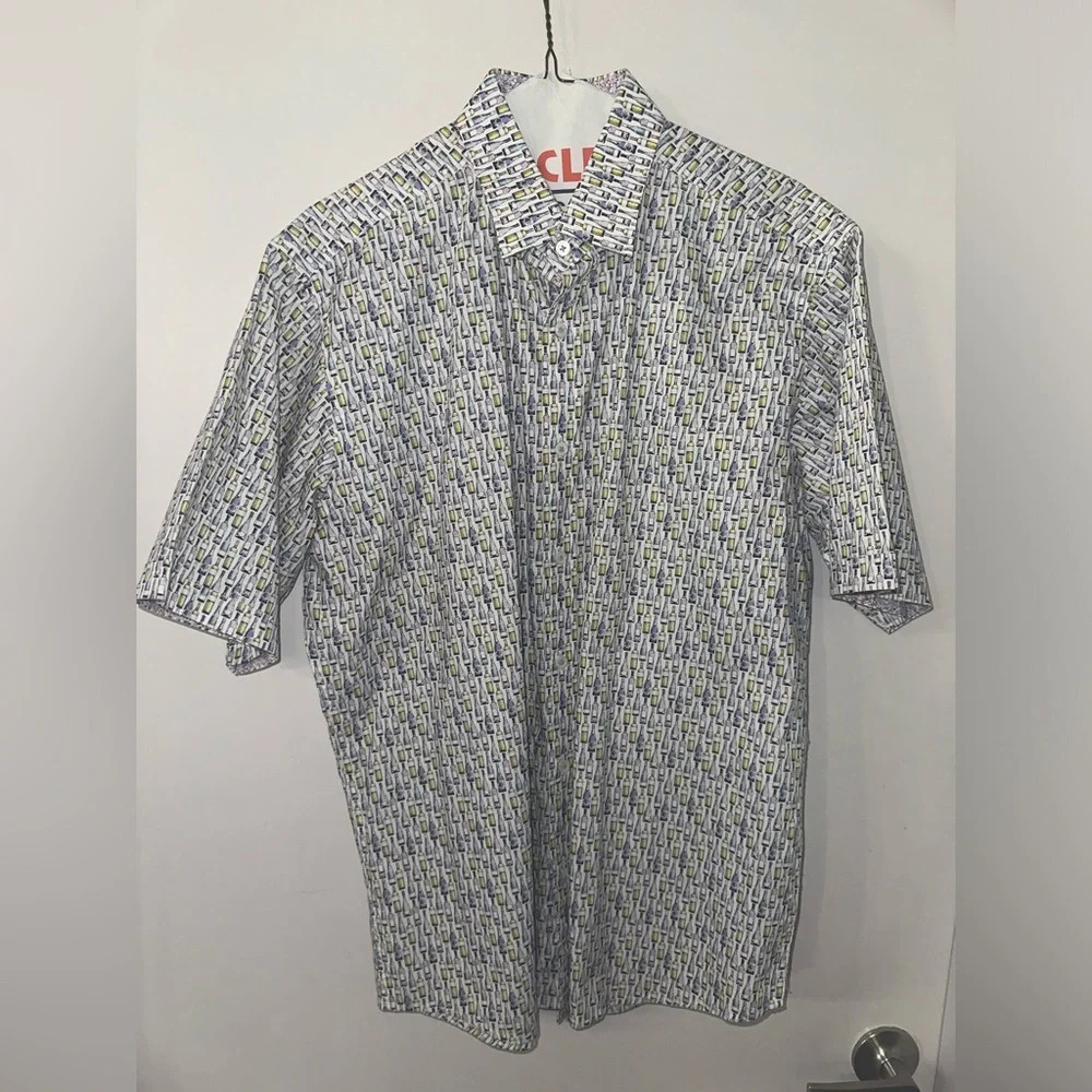Bugatchi Men Medium “Wine Bottles” Classic Fit Short Sleeve Shirt